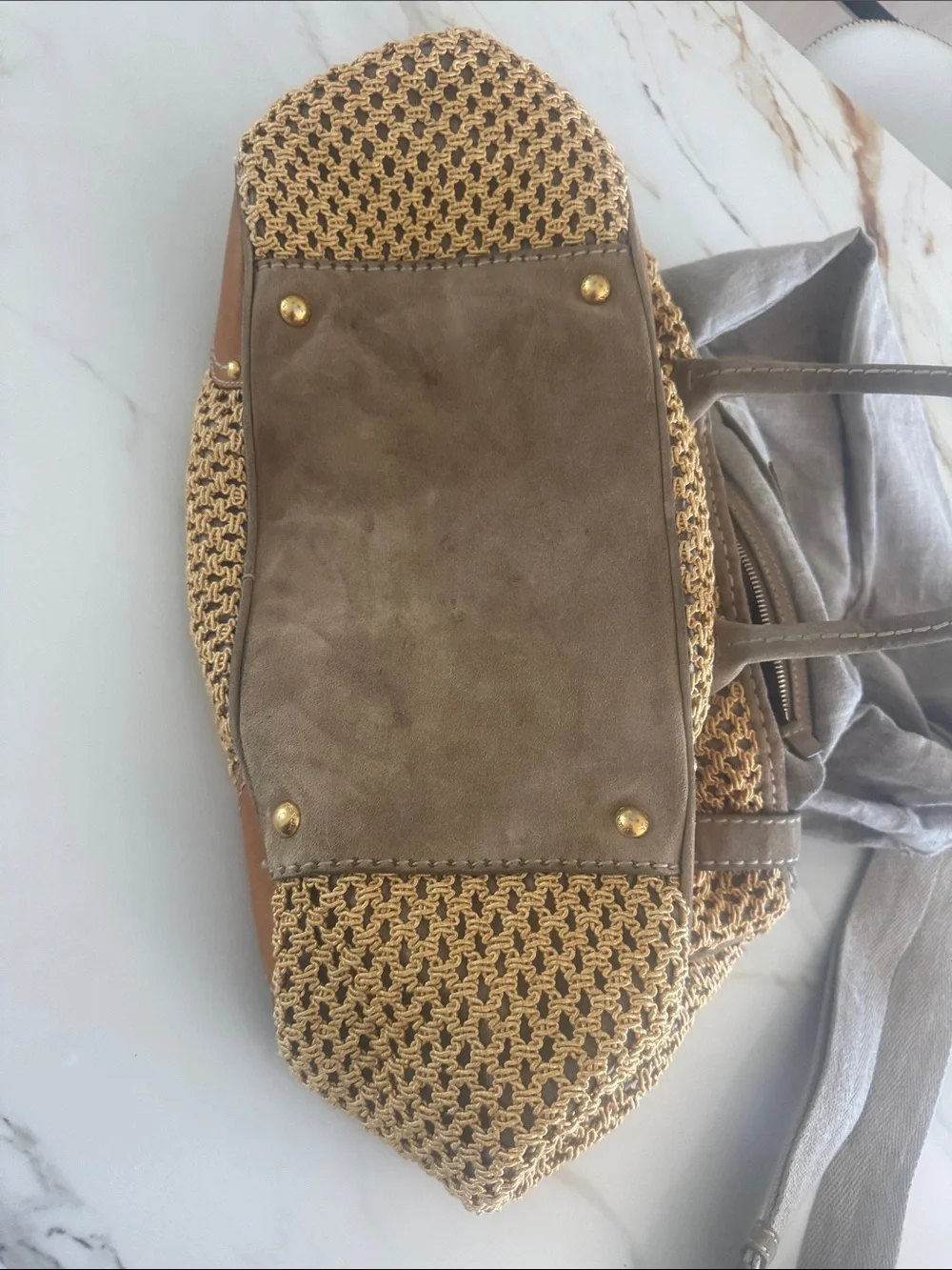 Prada Yellow Crochet Shoulder Bag with Taupe Leather Trim